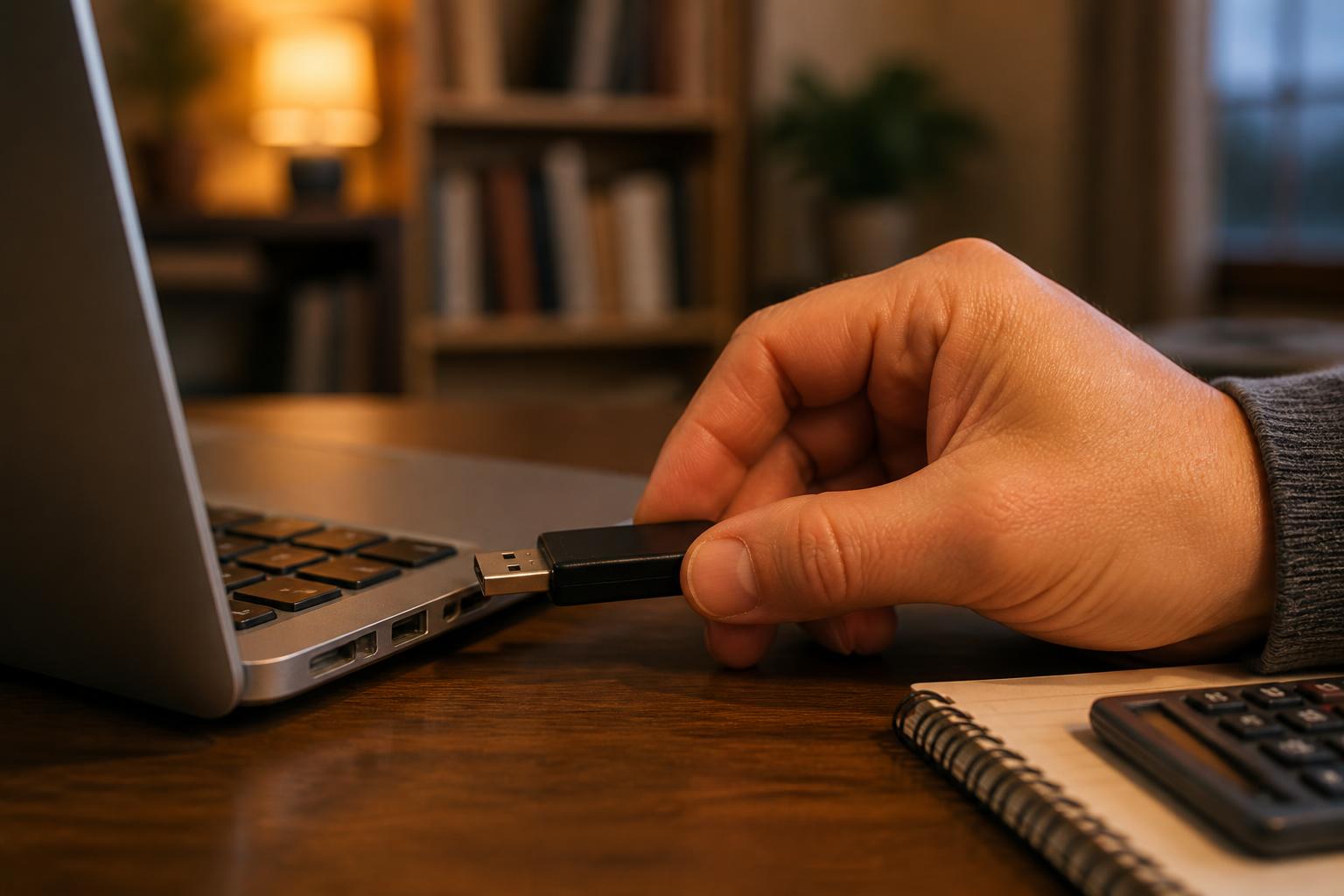 Чоловіча рука тримає звичайну USB-флешку